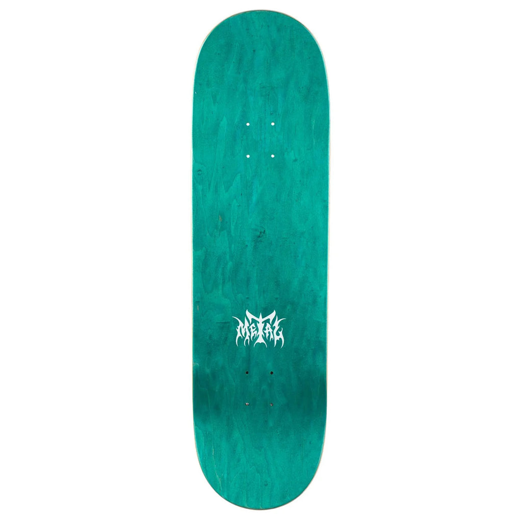 The teal top stain of a skateboard deck that has the metal logo in white.
