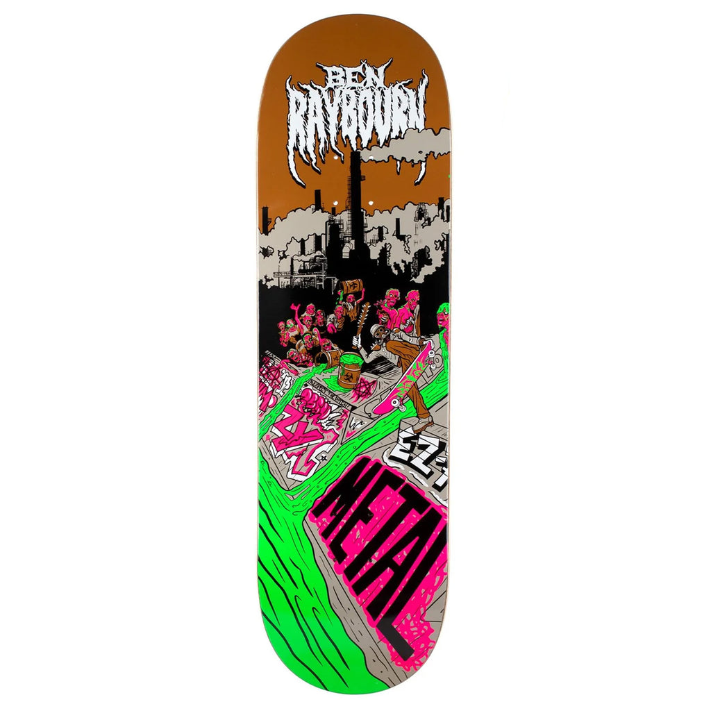 A skateboard deck with a neon image of a dude skating a toxic ditch in a zombie apocalypse.