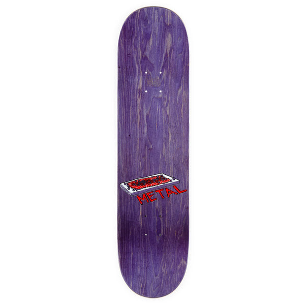A purple METAL skateboard with a red and white sticker on it.