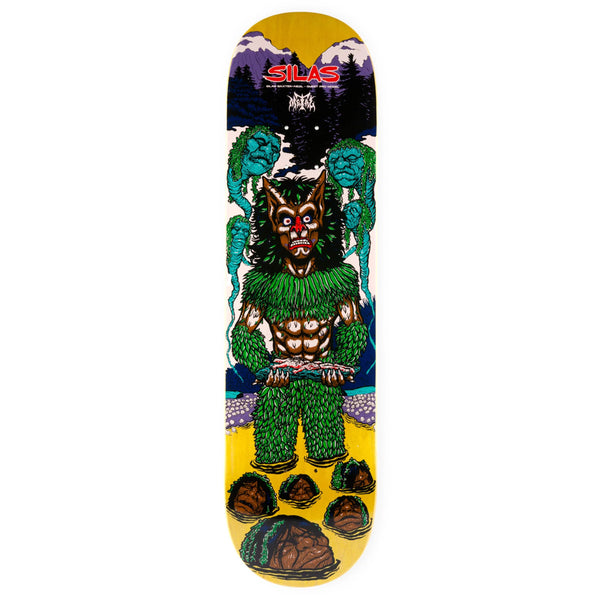 A METAL skateboard with a picture of a creature on it.