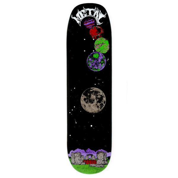 A METAL skateboard deck with an image of the moon and planets.