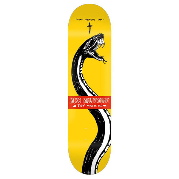 A yellow TOY MACHINE MALDONADO SNAKE skateboard designed by Toy Machine.