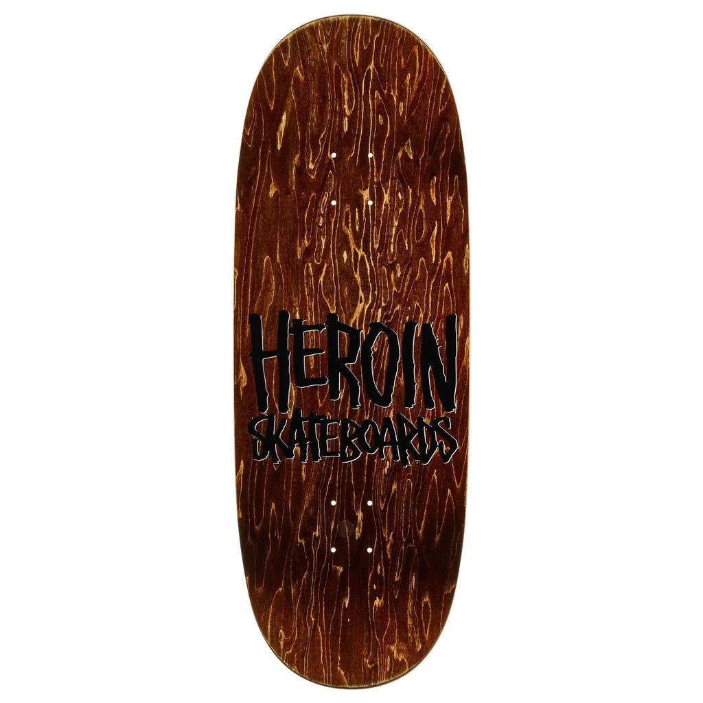 The HEROIN MINI WIDE BOY skateboard deck by HEROIN features a brown woodgrain finish and bold black "HEROIN SKATEBOARDS" lettering, crafted from North American Hard Rock Maple.