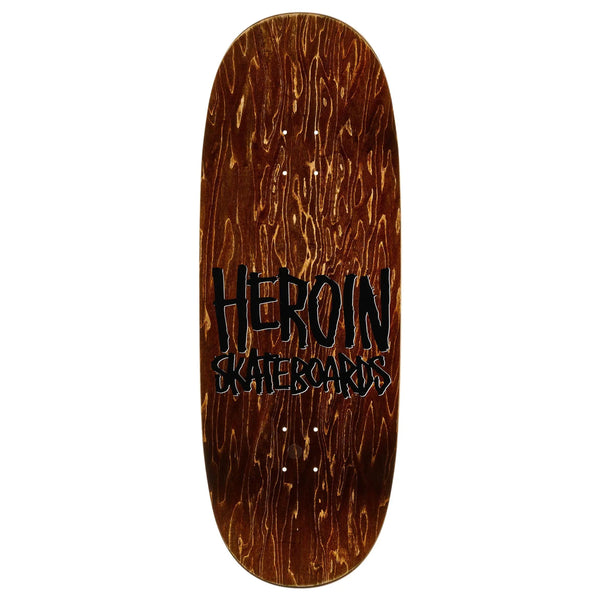 The HEROIN MINI WIDE BOY skateboard deck by HEROIN features a brown woodgrain finish and bold black "HEROIN SKATEBOARDS" lettering, crafted from North American Hard Rock Maple.