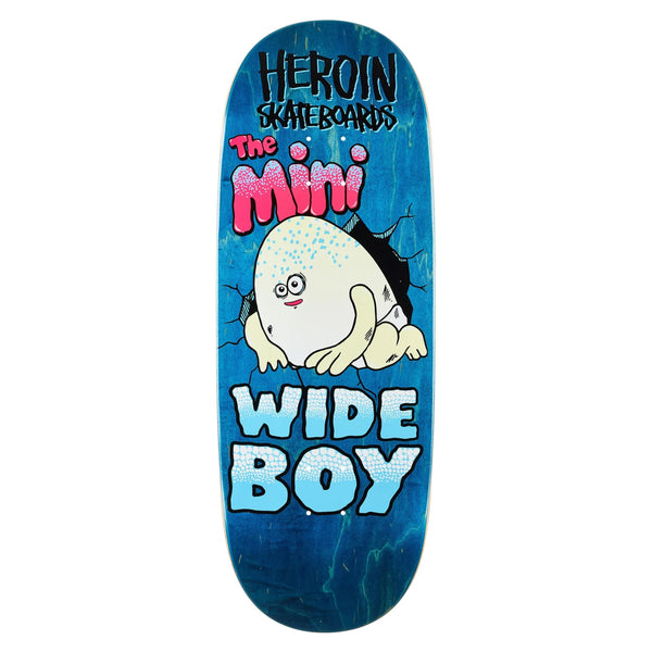 A blue HEROIN MINI WIDE BOY 10.5 skateboard deck by HEROIN, featuring "Heroin Skateboards The Mini Wide Boy" text and a cartoon frog breaking through a wall, crafted from North American Hard Rock Maple.