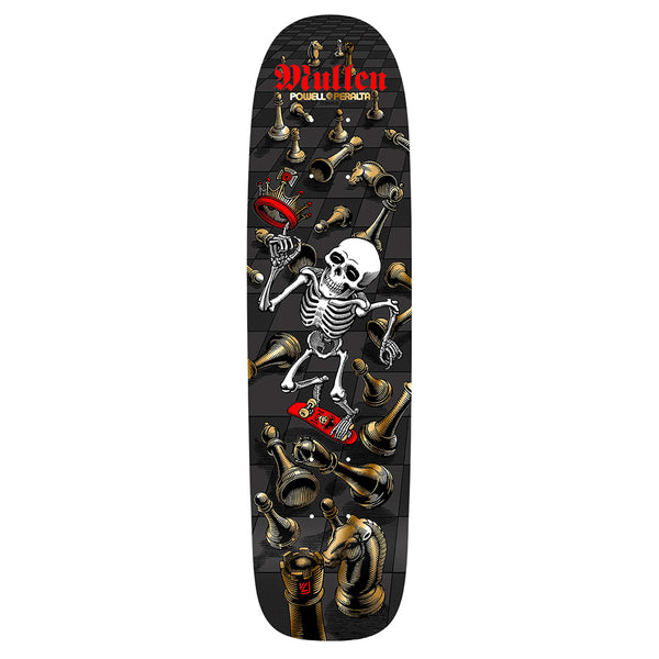 The POWELL PERALTA BONES BRIGADE MULLEN SERIES 16 skateboard deck showcases a vibrant skeleton skateboarding amid chess pieces, with "Mullen, Powell Peralta" in red text at the top, paying homage to the legendary Bones Brigade.