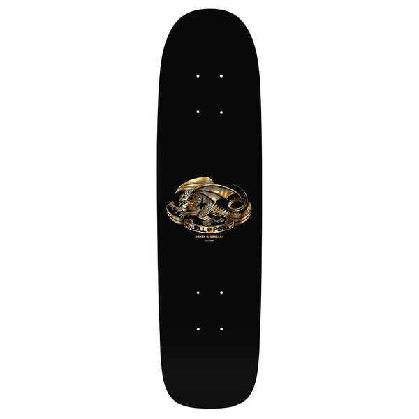 The POWELL PERALTA BONES BRIGADE MULLEN SERIES 16 skateboard deck features a striking gold dragon graphic at its center, embodying the iconic style of Bones Brigade.