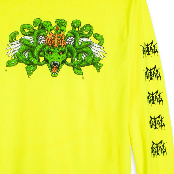 A METAL MEDUSA LONG SLEEVE TEE SAFETY GREEN with an image of a snake on it.