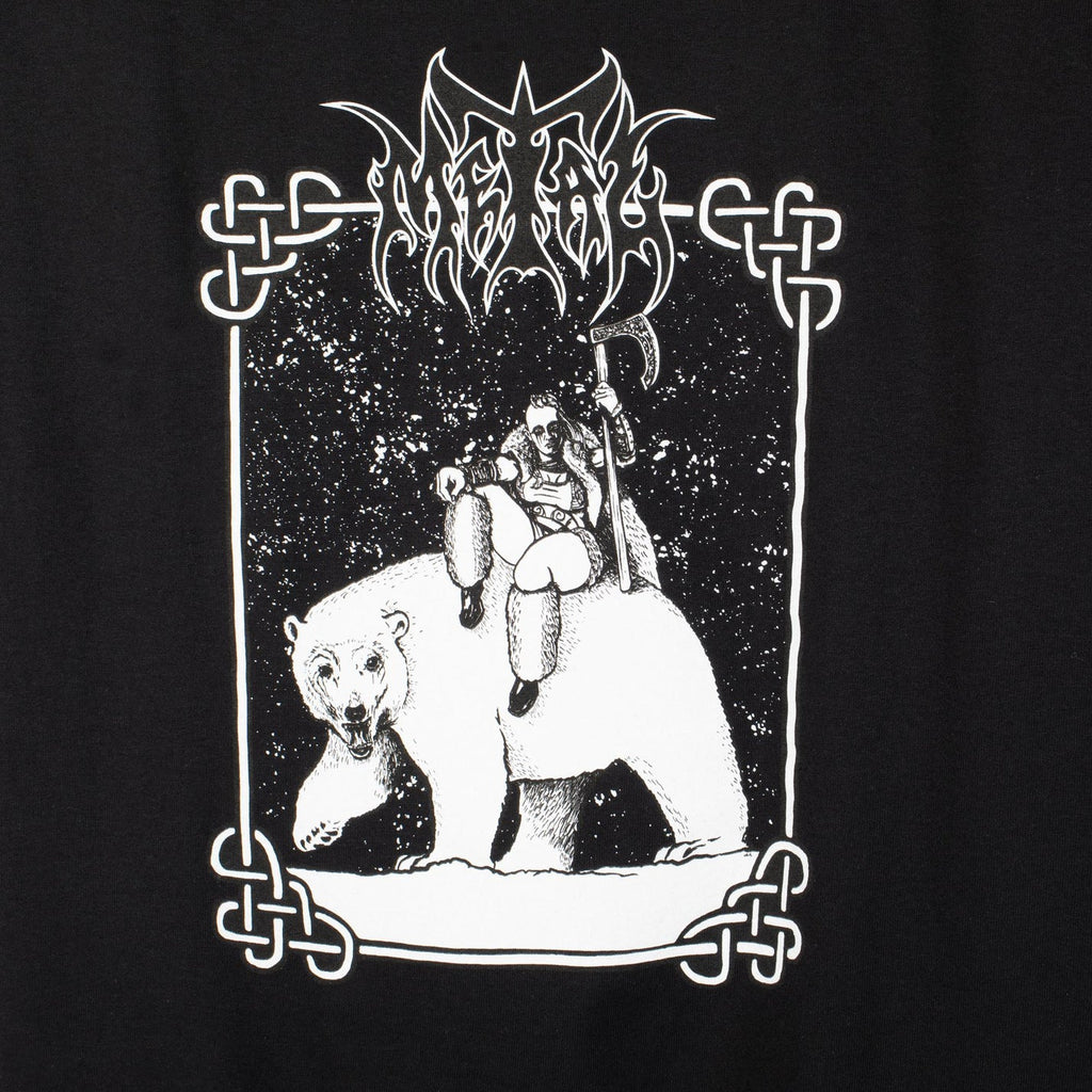 A METAL black tee with an image of a polar bear on it.