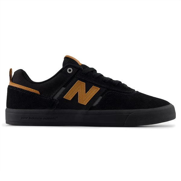 The NB NUMERIC FOY 306 BLACK / BROWN is a low-top skate shoe by NB NUMERIC, featuring a black upper, gum-colored "N" logo and accents, black sole, and vulcanized construction inspired by Jamie Foy.