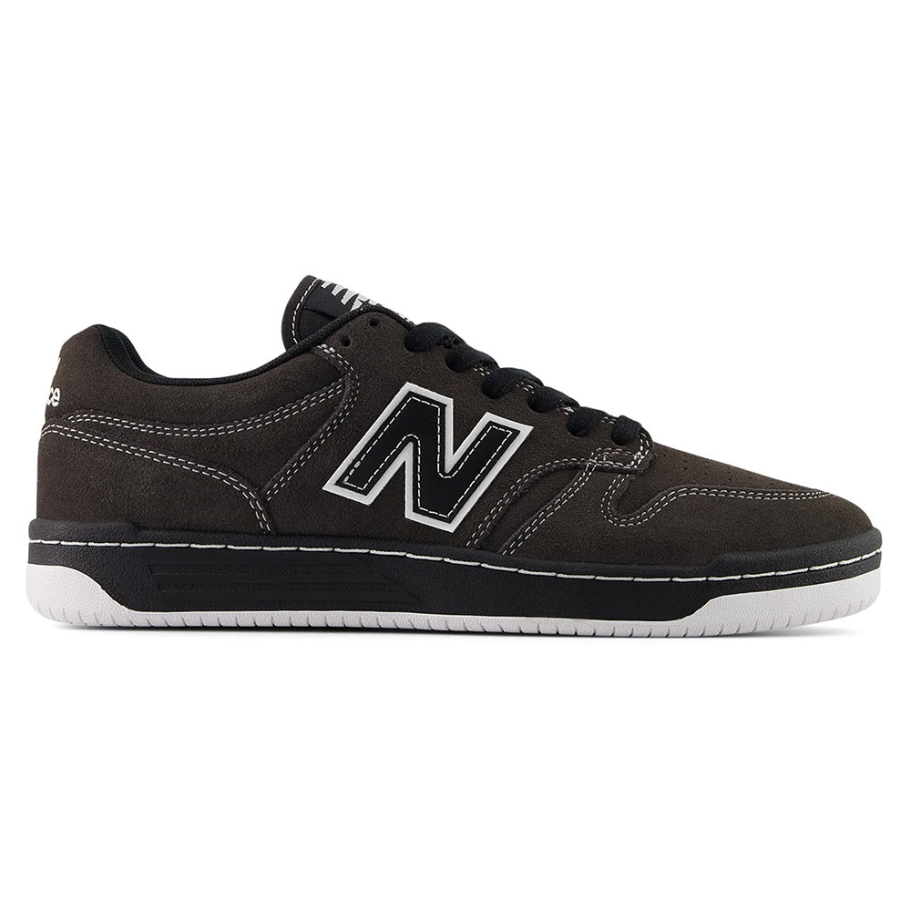 The NB NUMERIC 480 BLACK CEMENT / WHITE sneaker features black uppers with white accents, black laces, a white rubber sole, and an ABZORB in-sole, shown from the side.