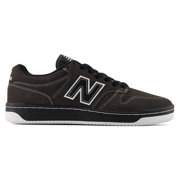 The NB NUMERIC 480 BLACK CEMENT / WHITE sneaker features black uppers with white accents, black laces, a white rubber sole, and an ABZORB in-sole, shown from the side.