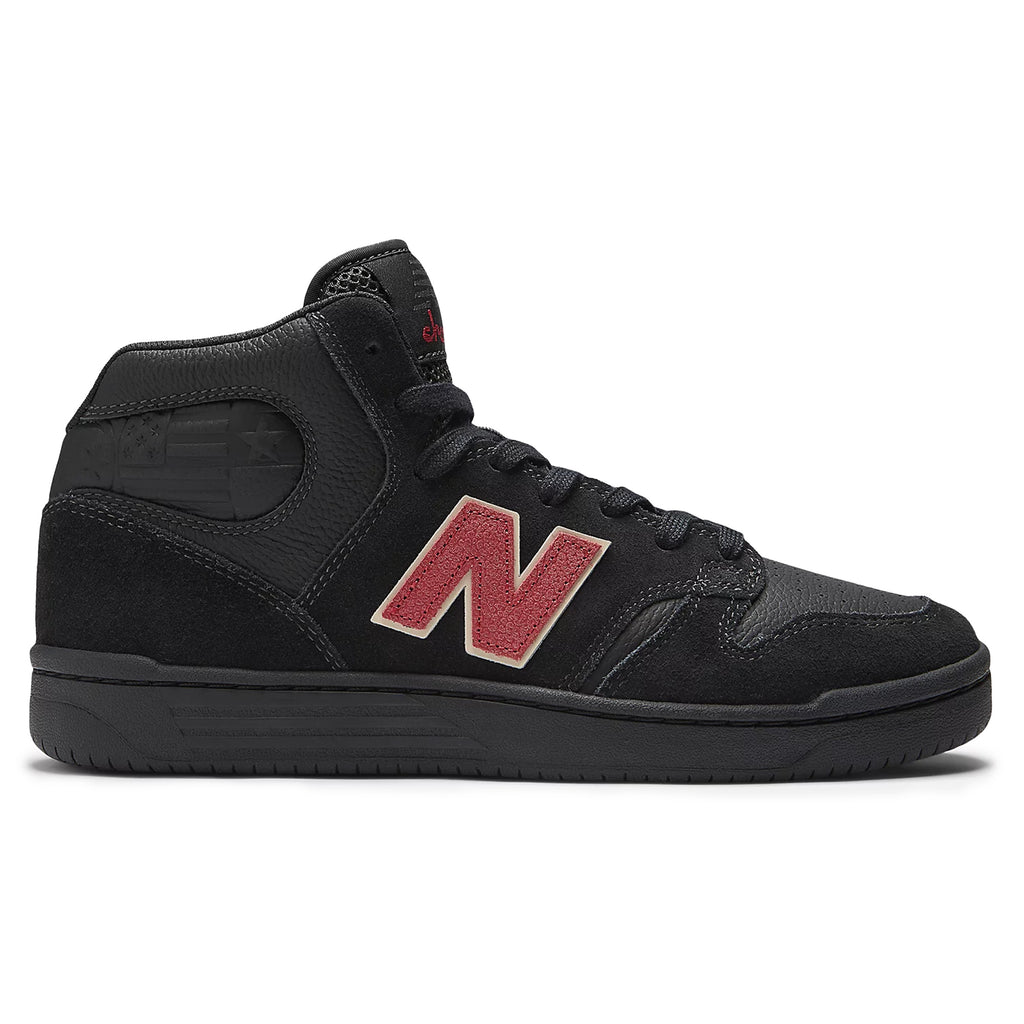 The NB NUMERIC X CHOCOLATE 480 High in Black and Red showcases a striking red 'N' logo on the side, offering enhanced comfort and support with its FuelCell foam technology.