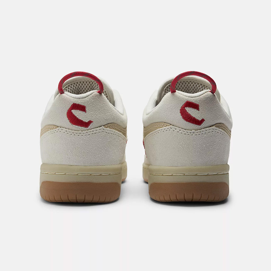 Back view of the NB NUMERIC X CHOCOLATE 480 sneakers in sea salt with red accents and tan soles, featuring a reinforced toe cap that echoes the style of iconic 80s and 90s skate shoes.