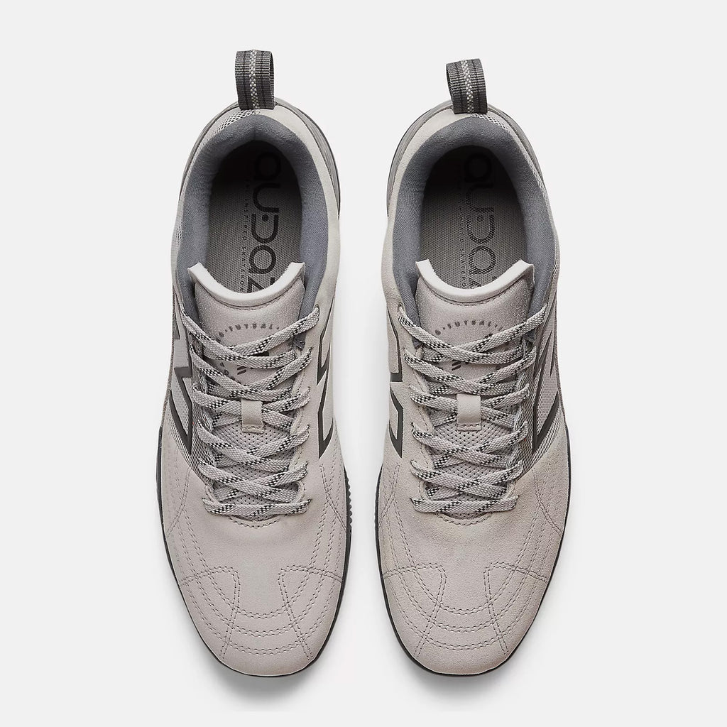 A pair of gray athletic sneakers viewed from above, featuring gray laces and black accents on the sides, equipped with Fresh Foam cushioning for enhanced comfort, the NB NUMERIC X AUDAZO "GREY DAYS" by NB NUMERIC.