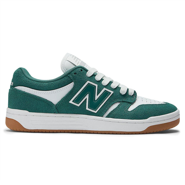 The NB NUMERIC 480 sneaker in vintage teal and white features a large "N" logo, FuelCell foam for responsive steps, and a gum-colored sole.
