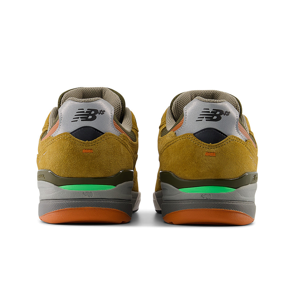 Back view of NB NUMERIC REYNOLDS 933 sneakers in camel and dark brown, featuring heritage design, premium cushioning, and signature NB NUMERIC style for lasting comfort.