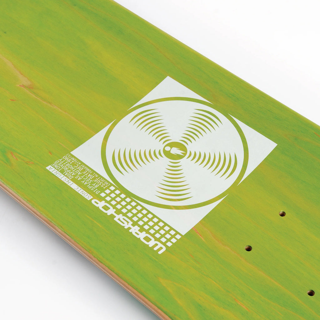 An ALIEN WORKSHOP SONIC INSIGNIA GREEN skateboard with a white logo on it.