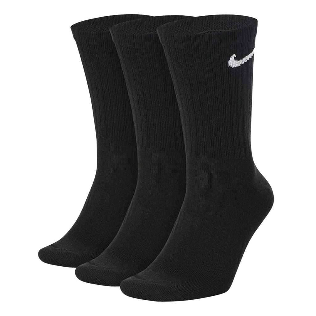 Three black socks with a white nike logo on the top. 