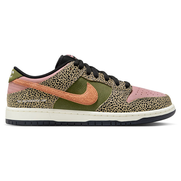 The NIKE SB X ARTS-REC DUNK LOW PRO in Khaki, Amber Brown, Rough Green, Rust Pink, Black, and Sail features bold color blocking and animal print details for standout style.