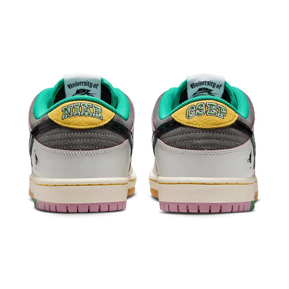 Back view of Nike SB x CSEF Dunk Low "Summit White/Black-White-Iron Grey" sneakers, featuring green inner lining, grey and white panels, premium suede with yellow "NIKE" and "OSU" embroidery on the heels.
