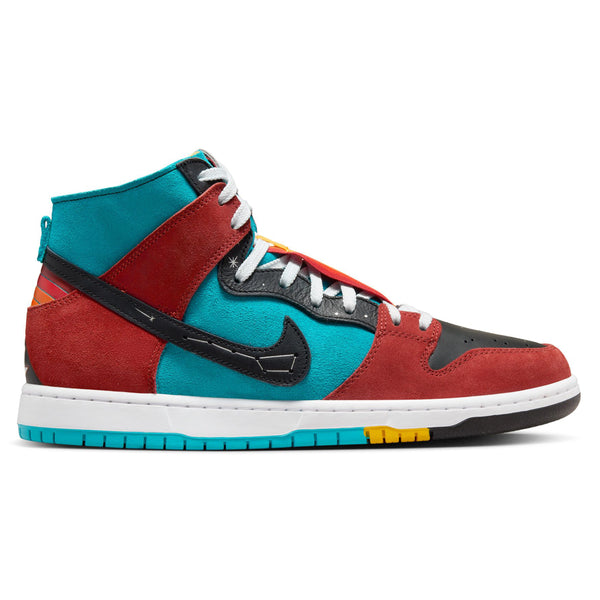 A multi-colored high-top nike sneaker featuring red, teal, black, and yellow accents with white laces and a white midsole. Inspired by the nike NIKE SB X DI'ORR GREENWOOD DUNK HIGH DECON TURQUOISE BLUE / BLACK-RUGGED ORANGE.
