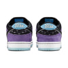 Rear view of the NIKE SB Hayley Wilson Dunk Low Pro in Court Purple/Black-White-Lagoon Pulse, crafted from premium materials with purple suede, black and white accents, blue heel tabs, and translucent soles.