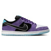 The nike SB Hayley Wilson Dunk Low Pro features premium purple suede, black and white details, a lagoon pulse (turquoise) outsole, and a black Nike swoosh.