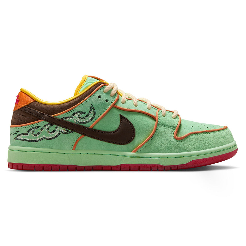 The nike NIKE SB RODEO DUNK LOW TOURMALINE/BAROQUE BROWN-MONARCH features a green upper, brown swoosh, orange-yellow accents, embroidered side detail, and pink sole—ideal for fans of the College Skateboarding Educational Foundation.