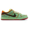 The nike NIKE SB RODEO DUNK LOW TOURMALINE/BAROQUE BROWN-MONARCH features a green upper, brown swoosh, orange-yellow accents, embroidered side detail, and pink sole—ideal for fans of the College Skateboarding Educational Foundation.