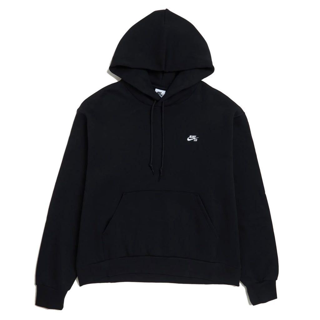 The NIKE SB ESSENTIALS LOGO FLEECE HOODIE BLACK, by nike, features a small white logo on the chest, a practical front pocket, and a drawstring hood, all made from heavyweight brushed fleece for added comfort.