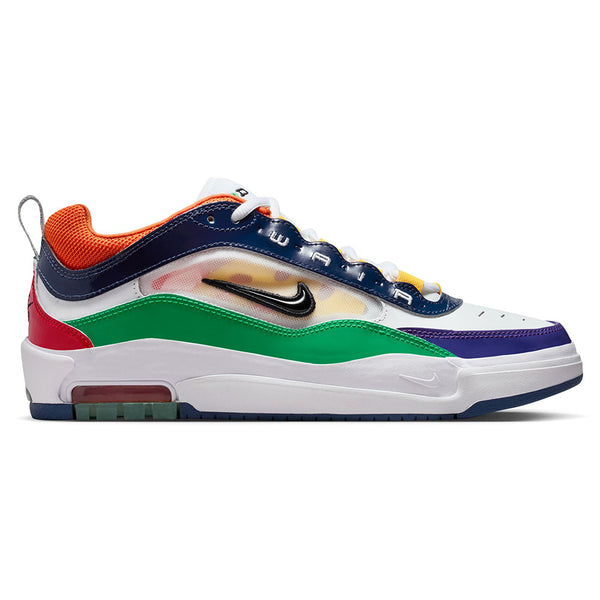 The Nike SB Ishod 2 Air Max University Red/Black-Amarillo-Navy is a low-top skate shoe with multicolor panels, a visible Air Max unit in the heel, and a black Nike Swoosh for style and durability.