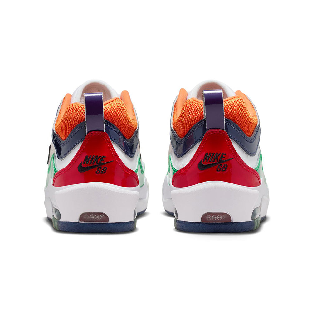 Rear view of NIKE SB ISHOD 2 AIR MAX UNIVERSITY RED / BLACK-AMARILLO-NAVY skate shoes by nike, with a multicolor design in red, black, amarillo, and navy, plus signature Air Max cushioning for comfort.