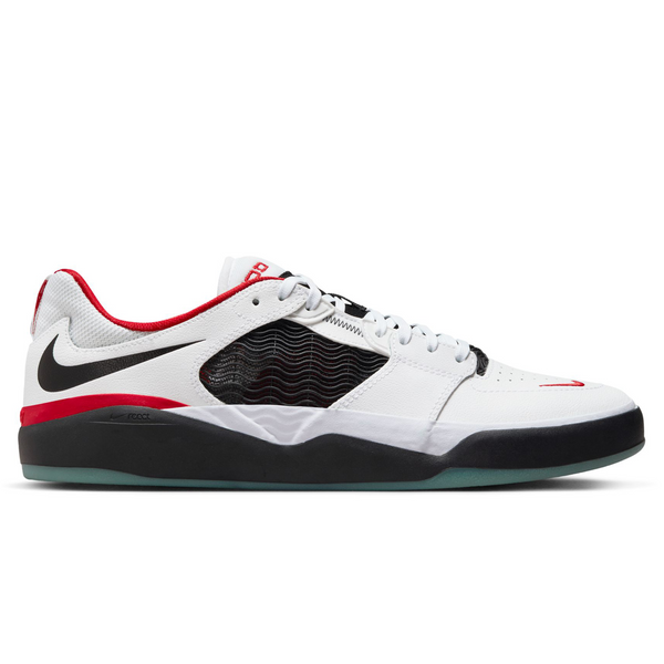 A Nike SB Ishod PRM white and black sneaker with university red accents.