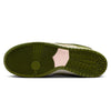 The image displays the sole of a NIKE SB Yuto "Matcha" Dunk Low Pro in Asparagus/Legion Green-Lt Khaki, featuring circular patterns and textured grooves for traction. A beige section with a raised logo showcases the blend of functionality and premium materials.