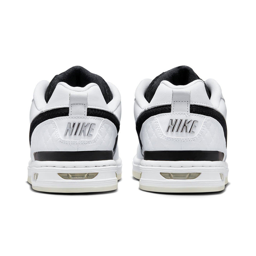 A pair of NIKE SB P-ROD 1 ZOOM AIR LOW 20 YEARS sneakers in white and black, shown from the back with the nike logo visible on each heel.