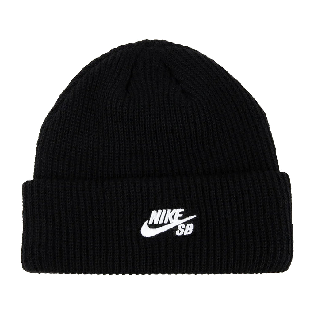 The NIKE SB TERRA FUTURA BEANIE BLACK is made from breathable knit and features a folded cuff with a sleek white "Nike SB" logo embroidered on the front.