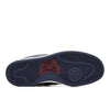 The bottom of a NB NUMERIC 480 BLUE / WHITE sneaker with a navy/burgundy sole. .