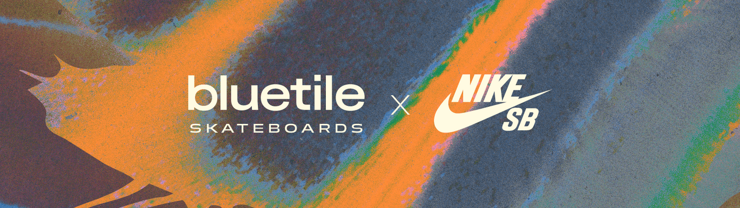Collaboration logos between Bluetile skateboards and Nike SB on a colorful abstract background