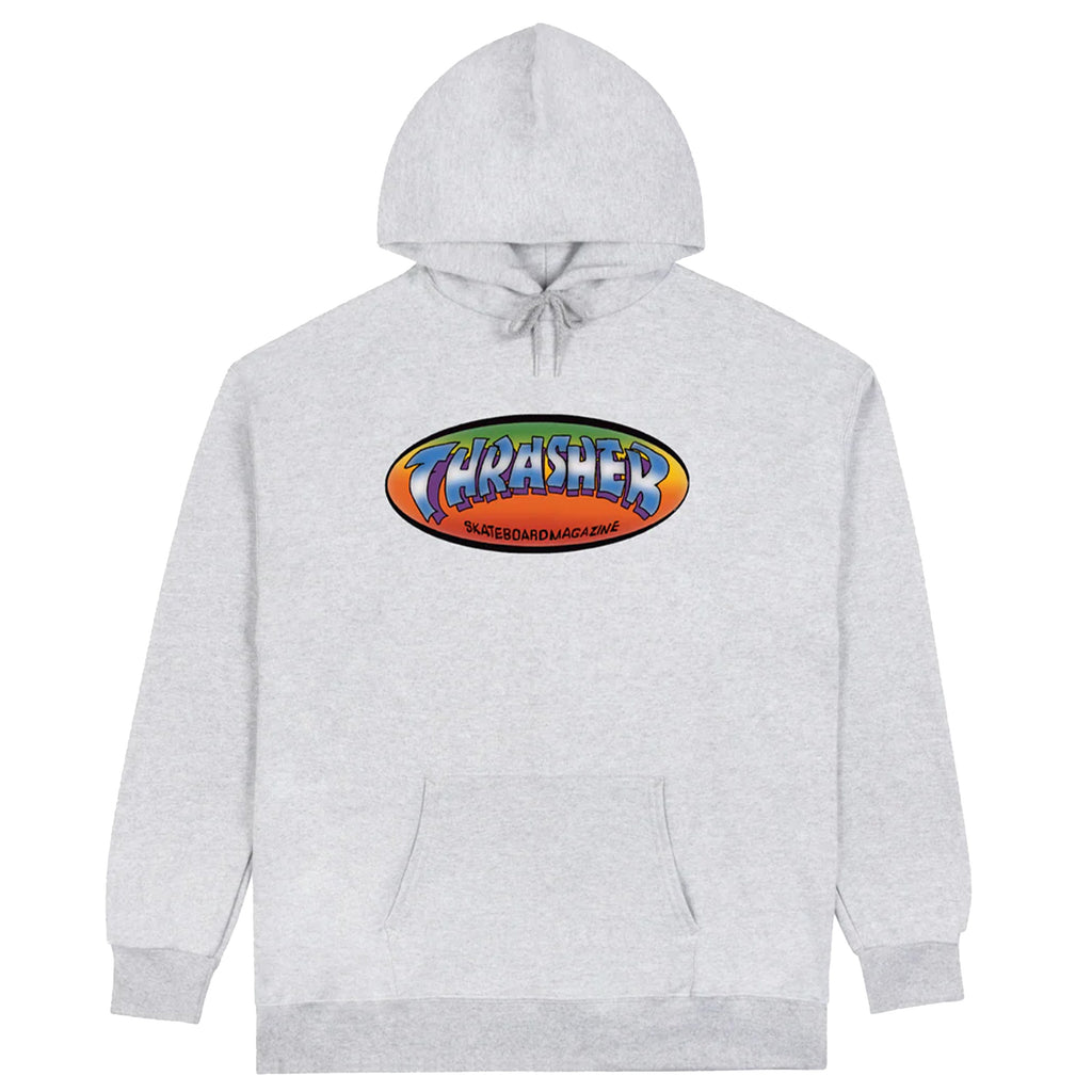 The THRASHER NINETY-FIVE SPANKY HOODIE in ash grey is crafted from a soft cotton-polyester blend and features the iconic "Thrasher Skateboard Magazine" logo on the front.