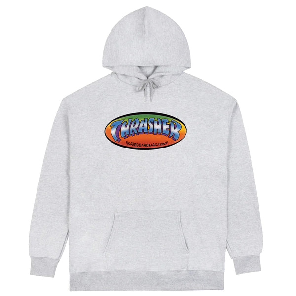 The THRASHER NINETY-FIVE SPANKY HOODIE in ash grey is crafted from a soft cotton-polyester blend and features the iconic "Thrasher Skateboard Magazine" logo on the front.