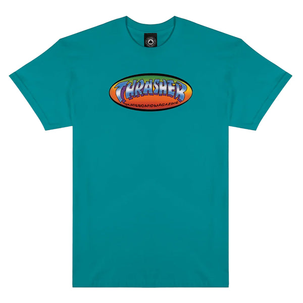 Jade Dome T-shirt featuring a bold oval "Thrasher Skateboard Magazine" logo on the front, ideal for pairing with a Toy Machine deck.