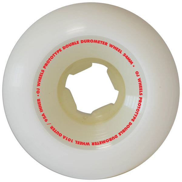 A white OJ Wheels skateboard wheel with red lettering on it, specifically the OJ Prototypes Double Duro 53mm 101a/95a Mini Combo.