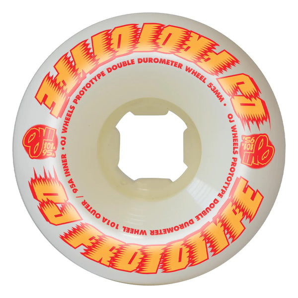 A white OJ Wheels skateboard wheel with orange and red designs.