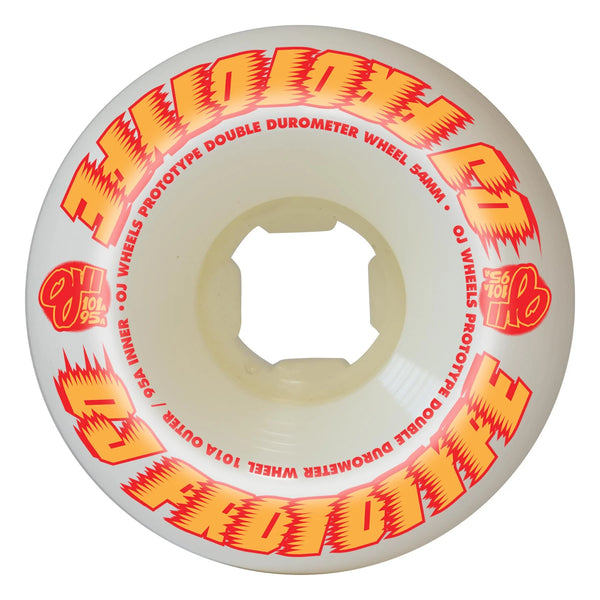 A white OJ WHEELS skateboard wheel with a red and yellow design, specifically the OJ PROTOTYPES DOUBLE DURO 54MM 101A/95A MINI COMBO.