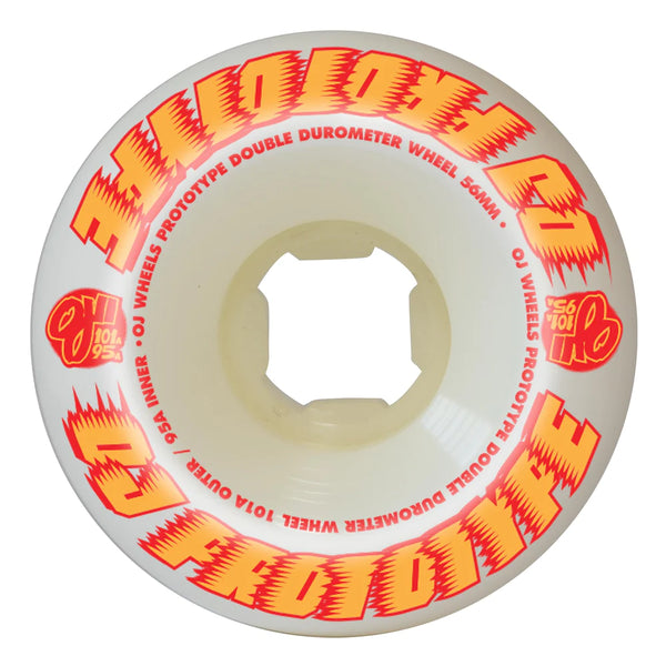 A white OJ Wheels skateboard wheel with orange and red lettering - OJ PROTOTYPES DOUBLE DURO 56MM 101A/95A MINI COMBO.