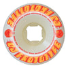A white OJ Wheels skateboard wheel with orange and red lettering.