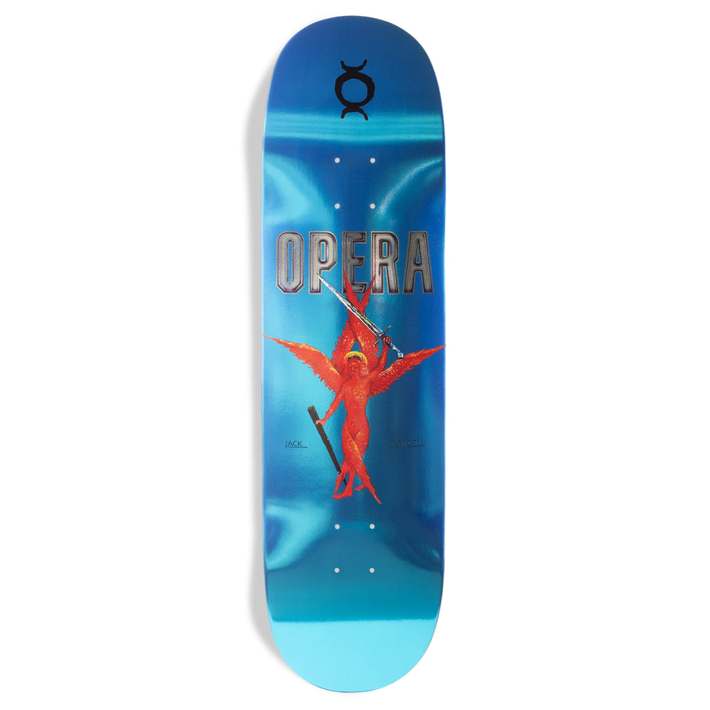 A skateboard made of North American Maple with the word OPERA FARDELL SWORD on it.