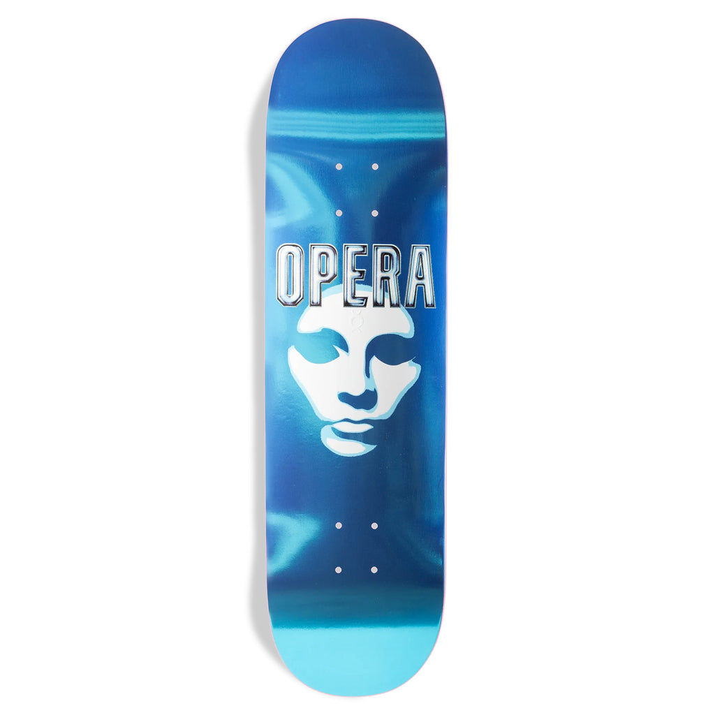 A skateboard featuring the iconic OPERA MASK LOGO by OPERA on North American Maple with a 7-ply construction.