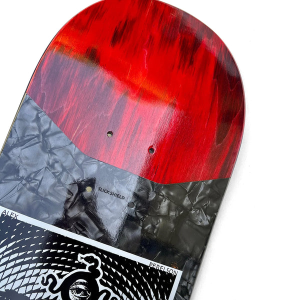 An OPERA 7-ply skateboard made from North American Maple with a red and black design.